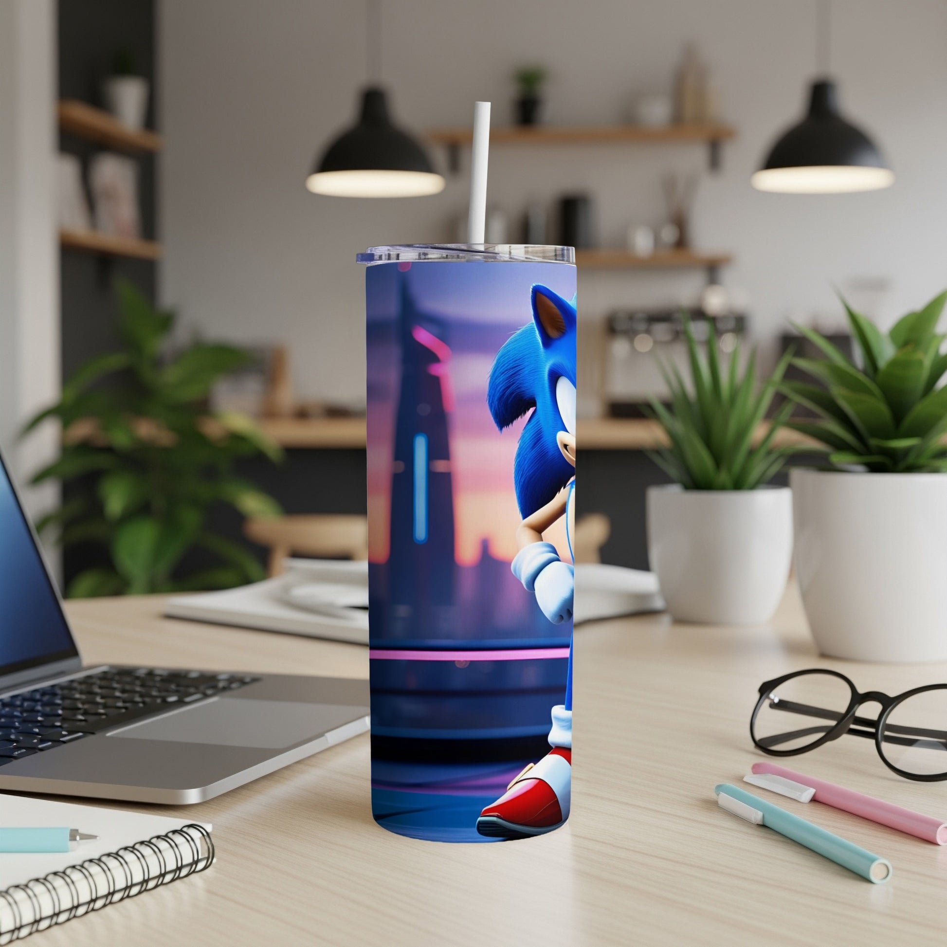 Sonic the Hedgehog on a blue and purple tumbler with straw.