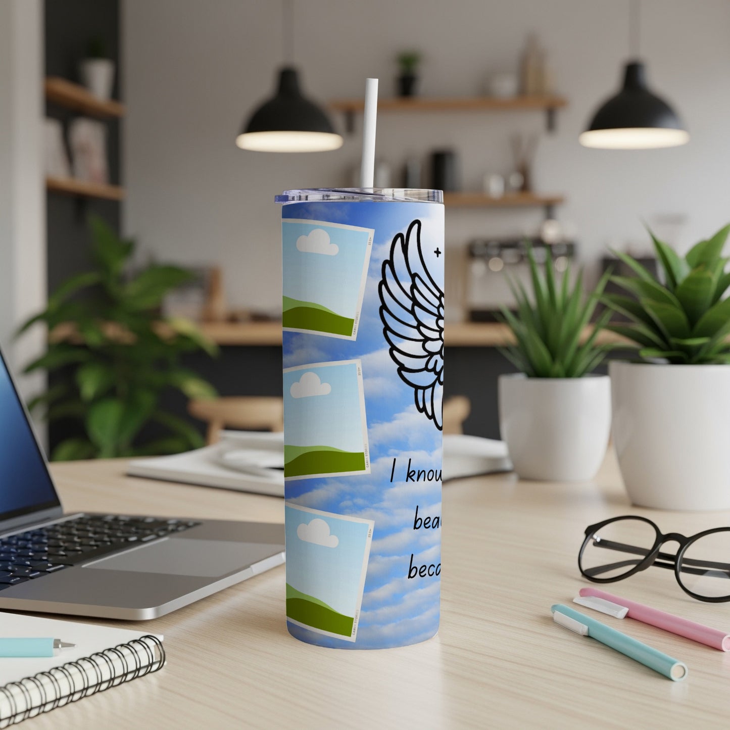 Tumbler with celestial wing design and sky photo frames, saying "I know beau beca"