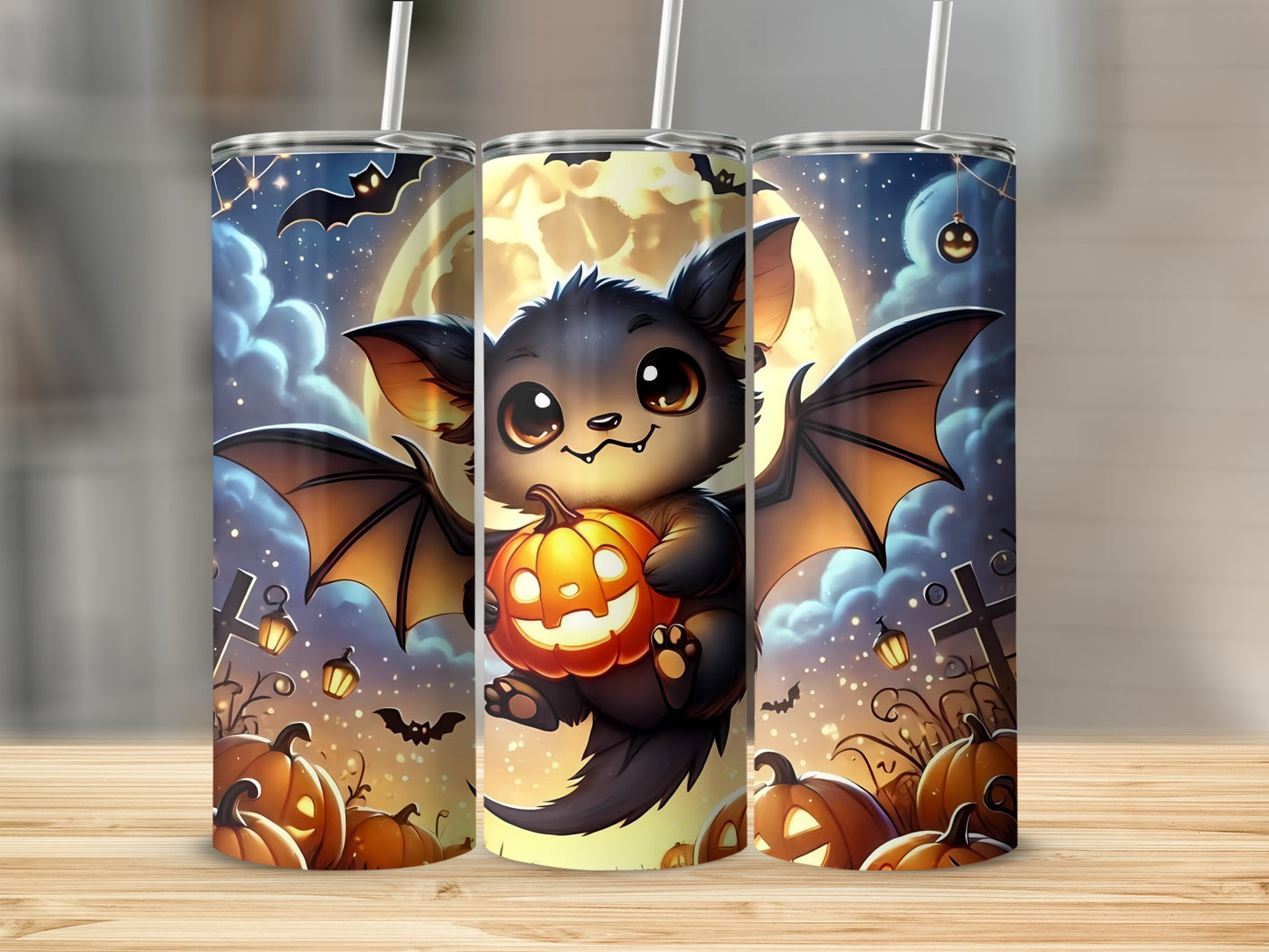 Halloween tumbler with cute bat holding pumpkin and spooky night scene.