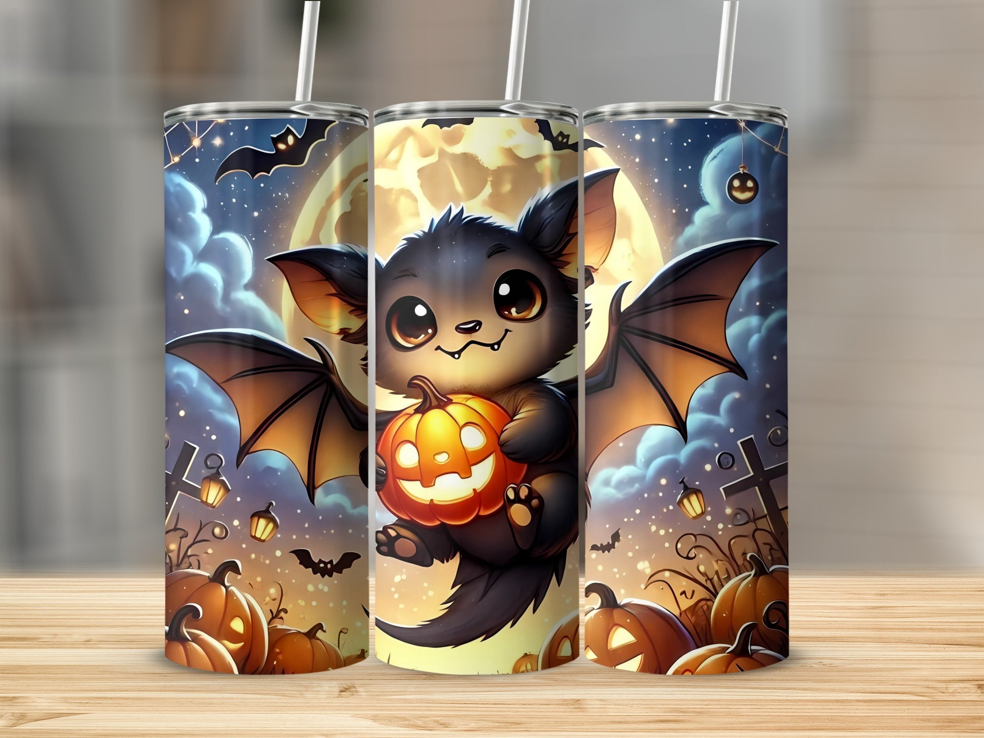 Halloween tumbler with cute bat holding pumpkin and spooky night scene.