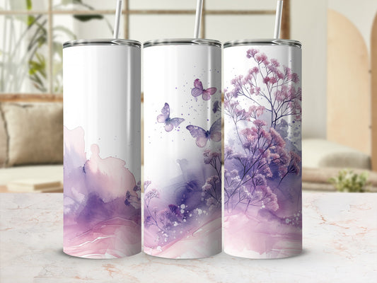 Three tumblers with a purple watercolor floral and butterfly design.