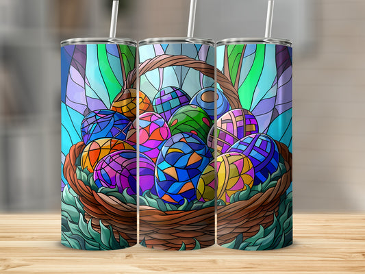 Woven basket overflowing with colorful, stained-glass Easter eggs.
