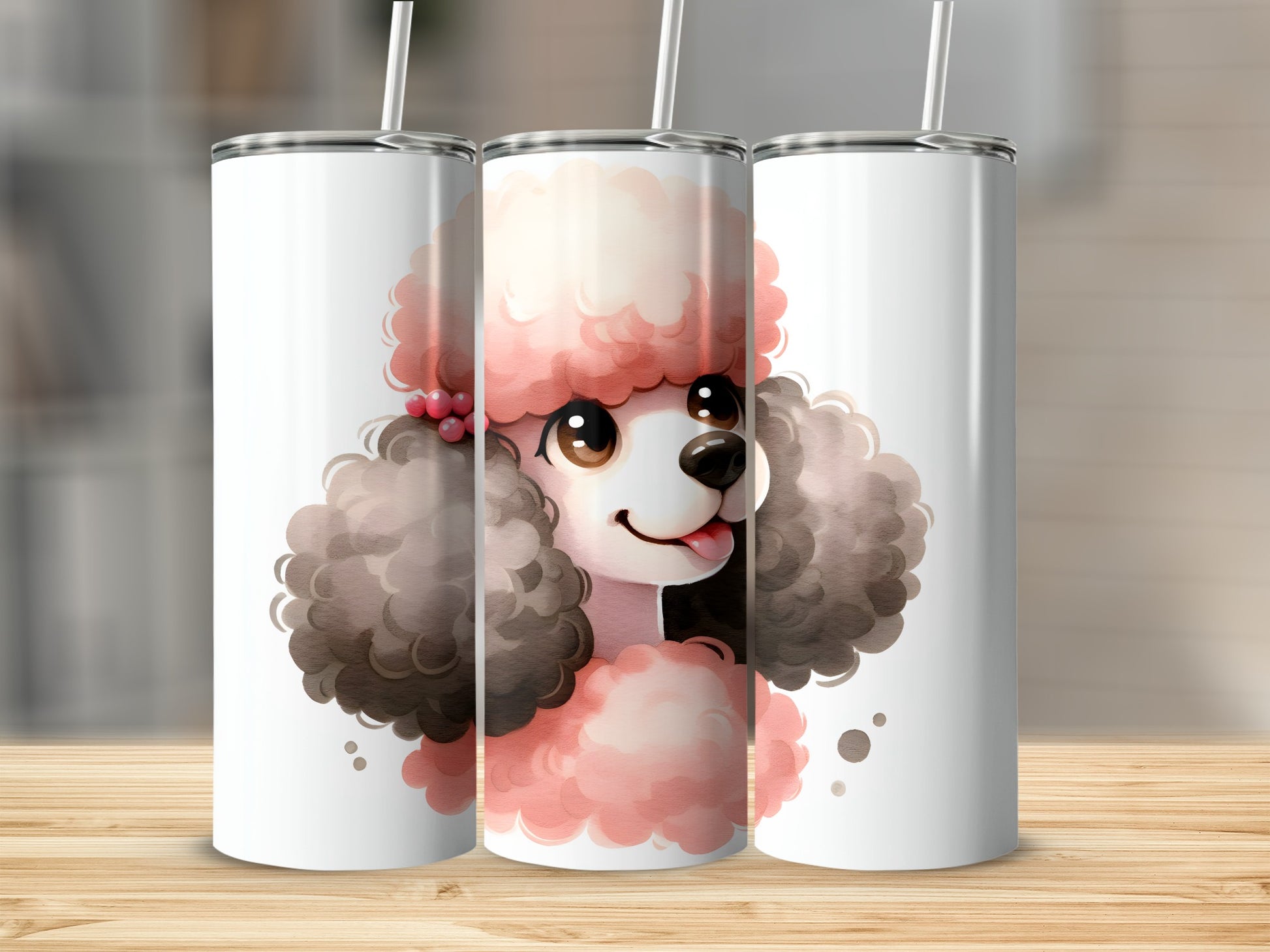 Three pink poodles with brown curly fur on white tumblers.