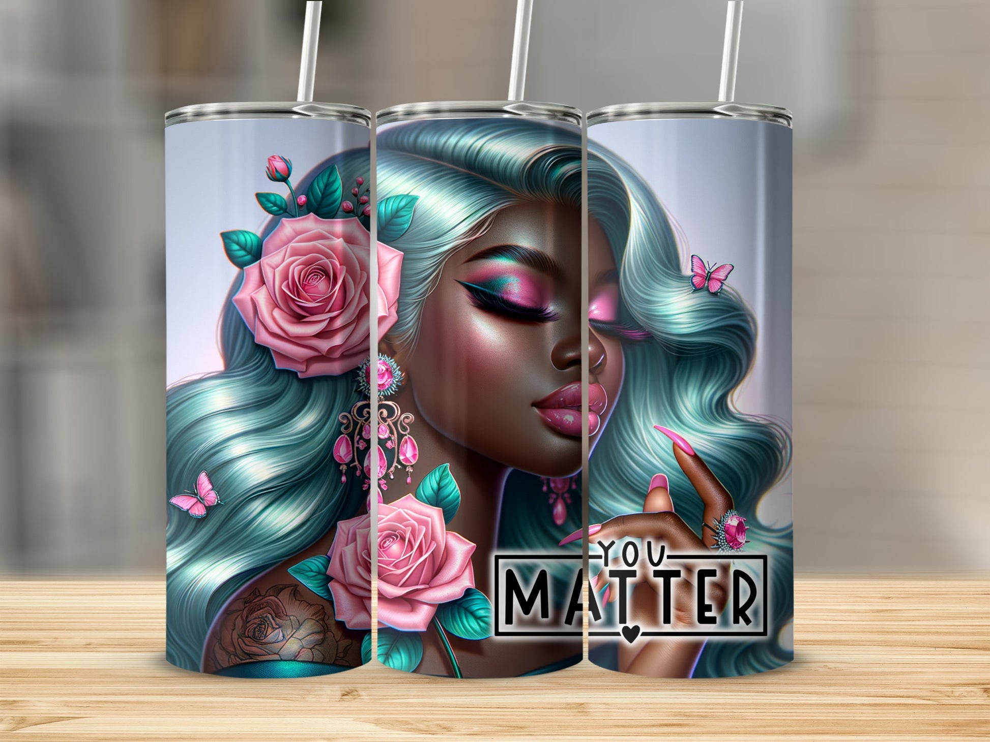 Triptych of tumblers with a woman's face and text "YOU MATTER".