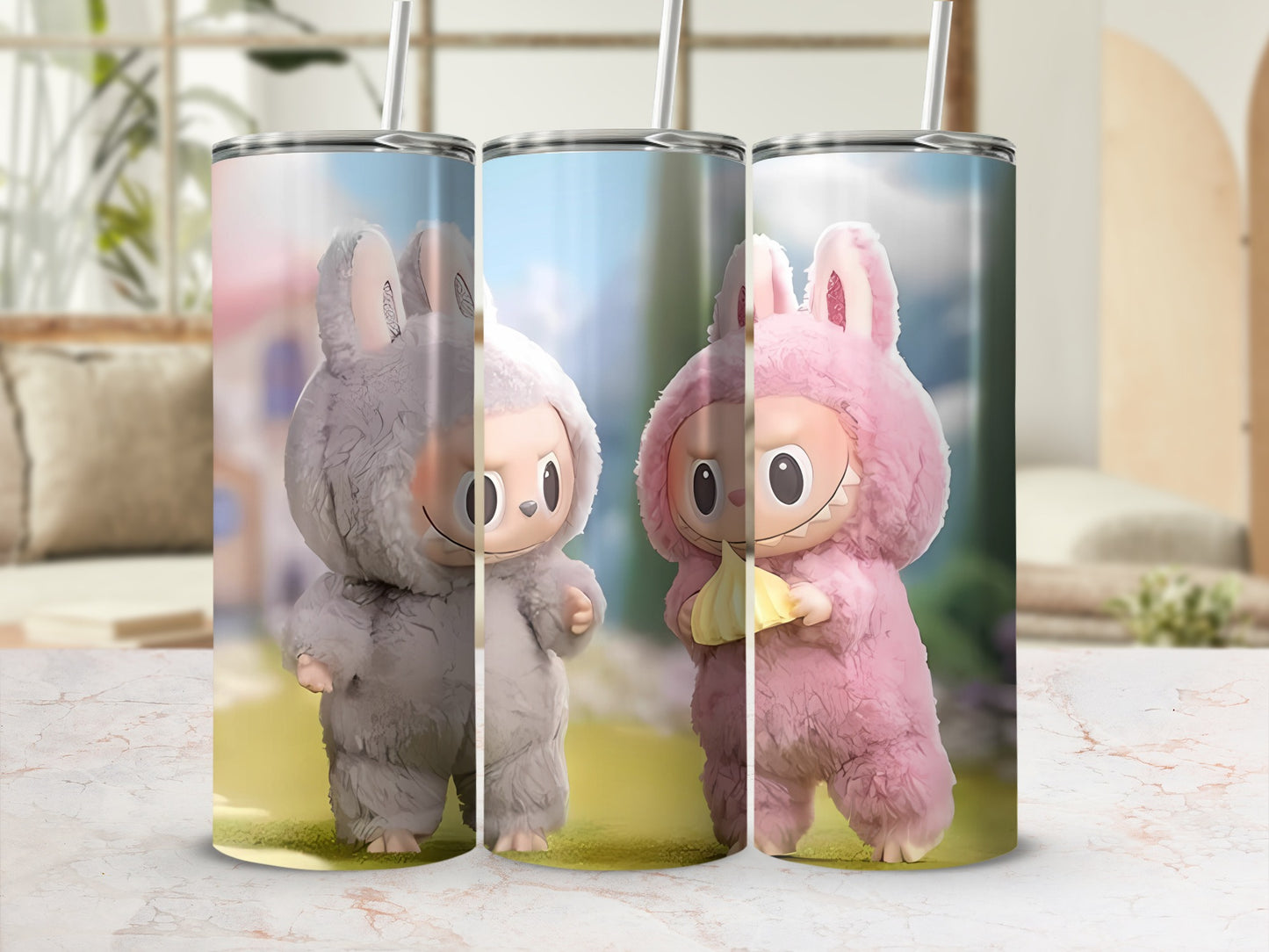 Cute Cartoon Bunny and Bear Design Insulated Tumbler
