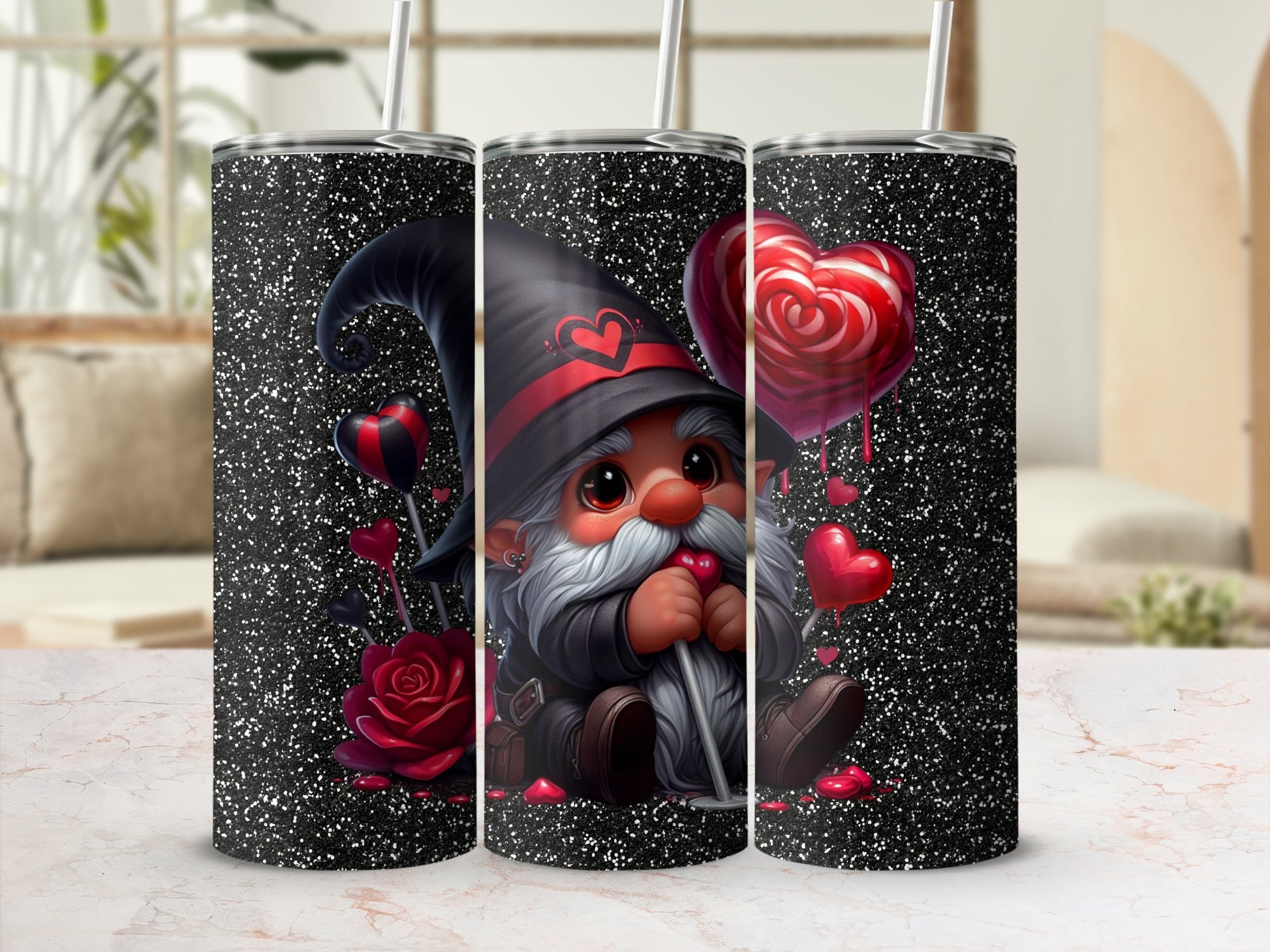 Valentine's Day Gnome with Heart and Flowers Tumbler
