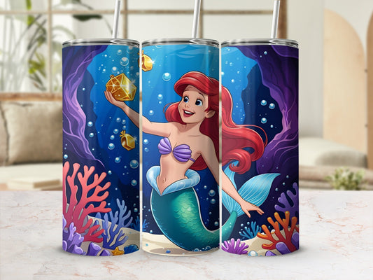 Ariel the mermaid reaching for a treasure chest underwater with coral and bubbles.