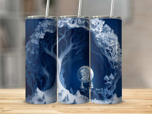 Three tumblers with a winter forest and moon fantasy design.