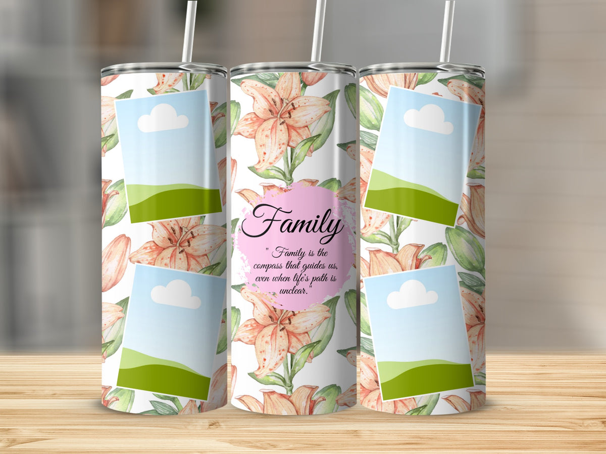 Three tumblers with floral pattern and "Family" quote.