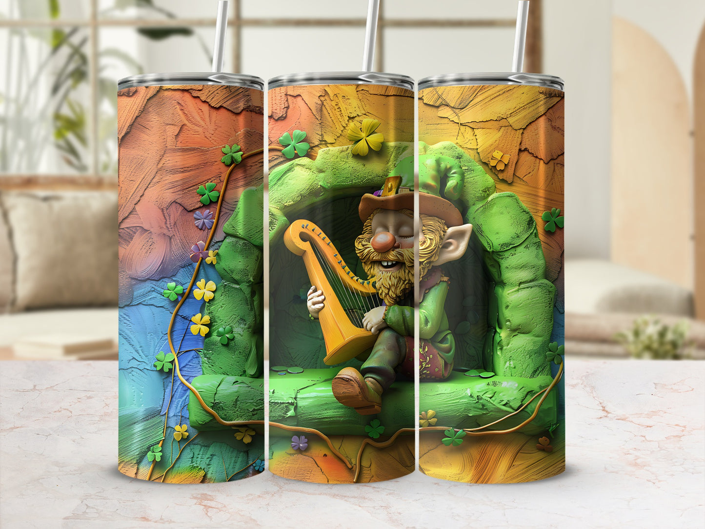 Leprechaun playing a harp in a colorful cave with shamrocks.