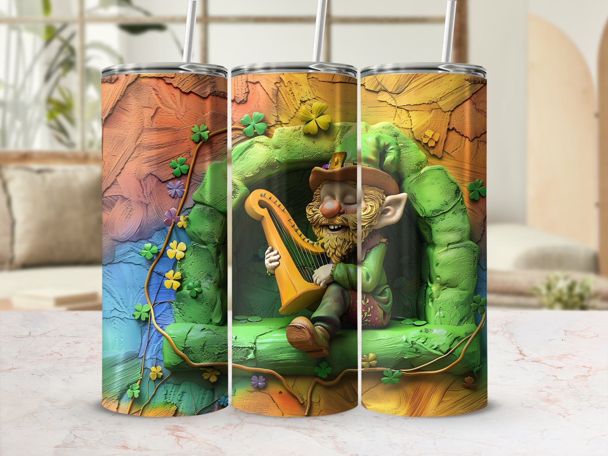 Leprechaun playing a harp in a colorful cave with shamrocks.