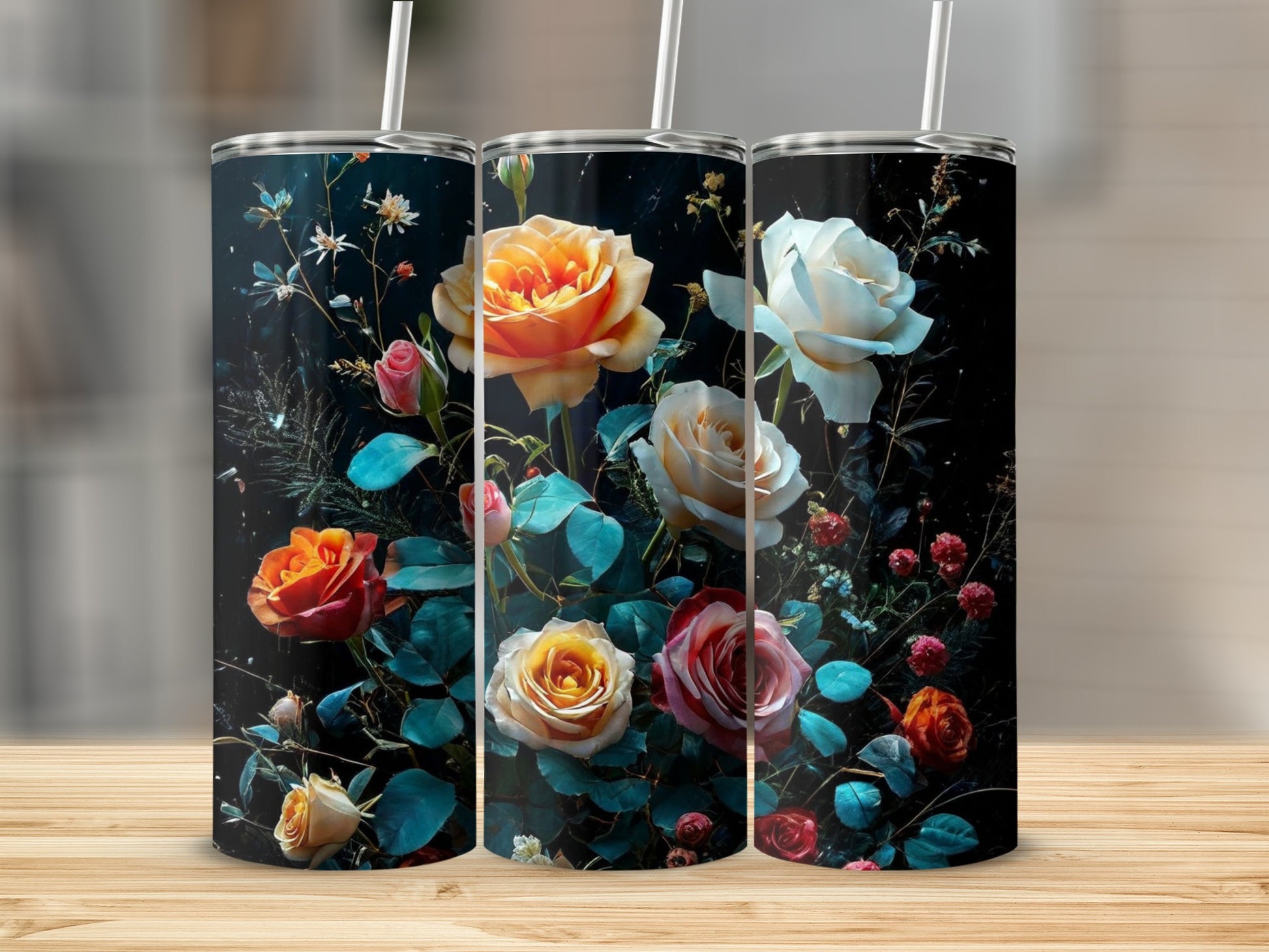 Three tumblers featuring a dark floral arrangement with red and yellow roses.