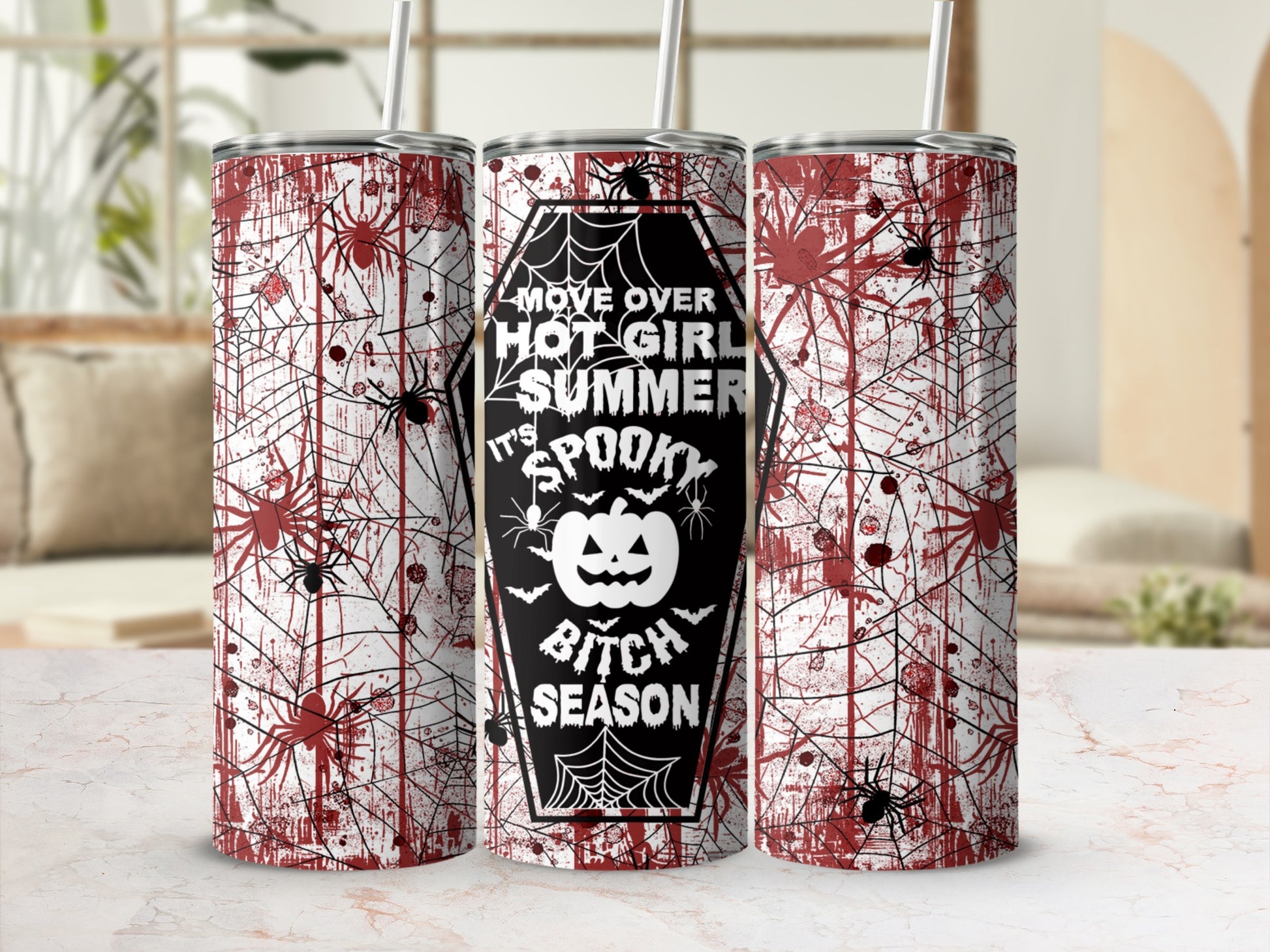 Halloween tumblers with spiderwebs, spiders, and text "Move over hot girl summer, it's spooky bitch season."