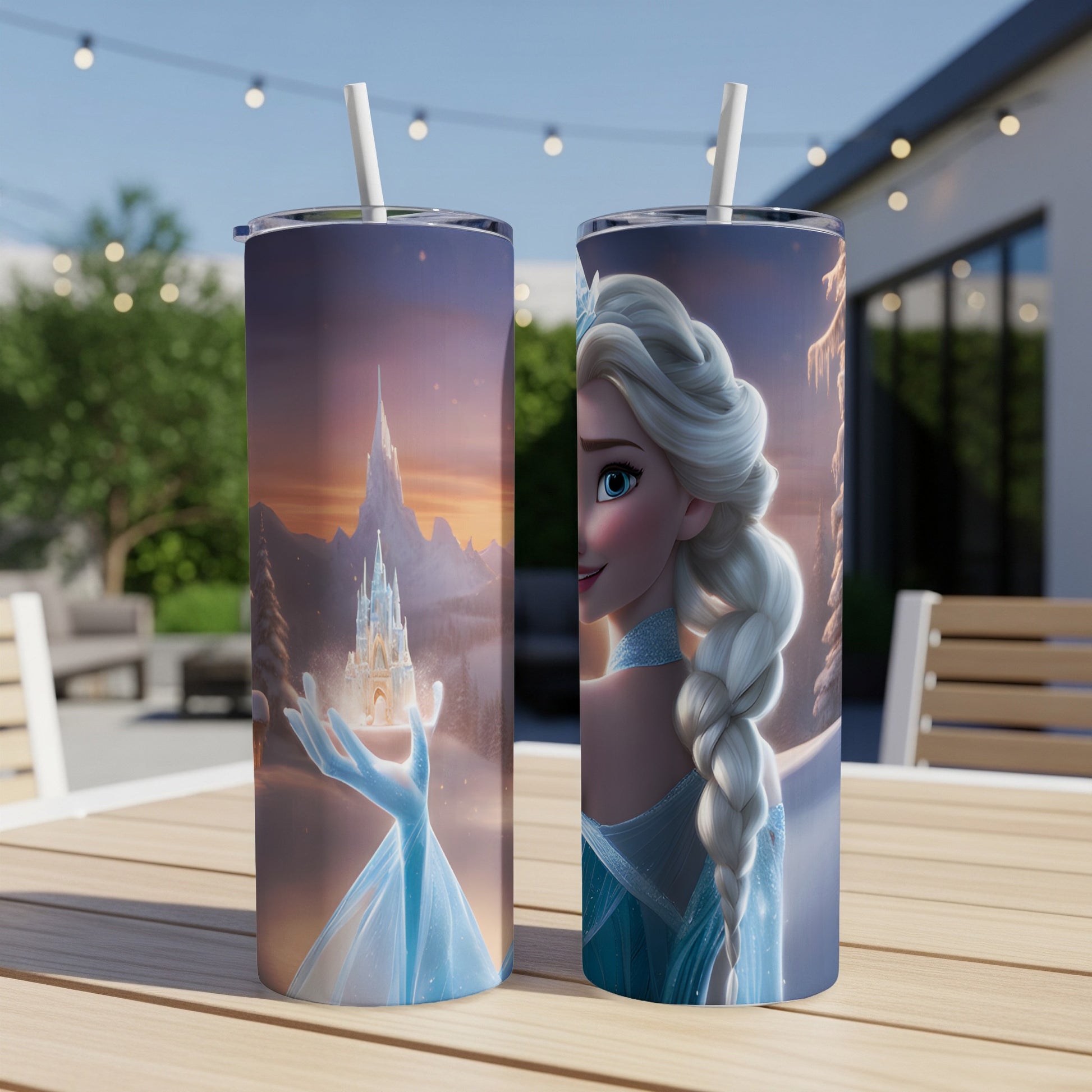 Elsa from Frozen holding an ice castle, with a close-up of her face on the right tumbler.