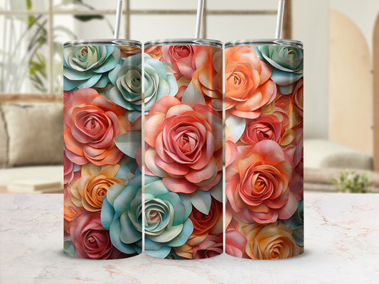 Three tumblers with a floral rose design in coral, mint, and peach hues.