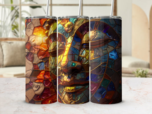 Three tumblers with stained glass mosaic faces and straw in a bright room.