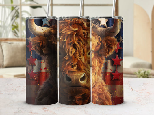 Highland cow with American flag stars on a patterned tumbler.