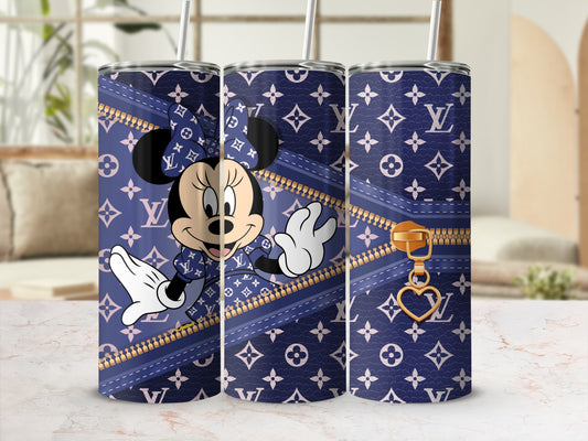 Minnie Mouse on navy blue monogram tumbler with gold zipper and heart charm.