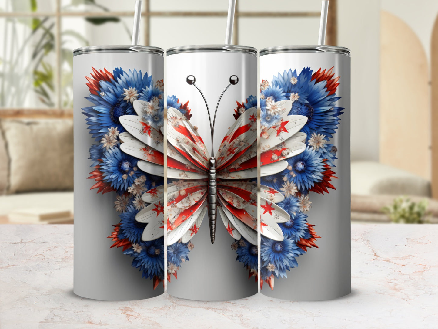 Three tumblers featuring a butterfly design with red, white, and blue floral wings.