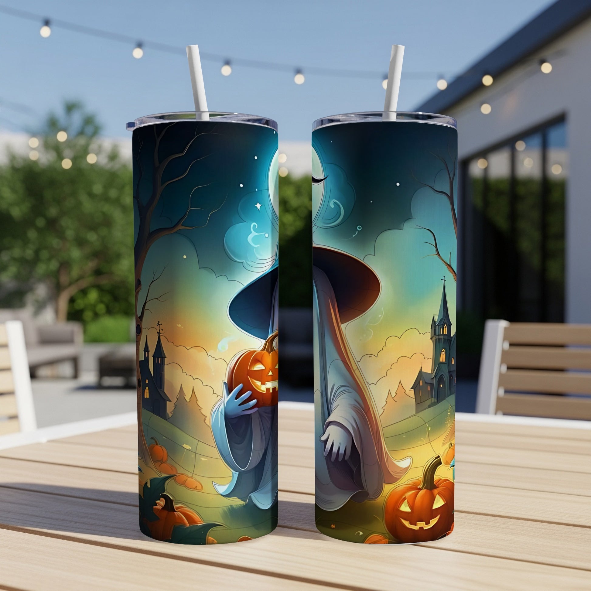 Two tumblers with a Halloween scene featuring a ghost, pumpkins, and a spooky castle.