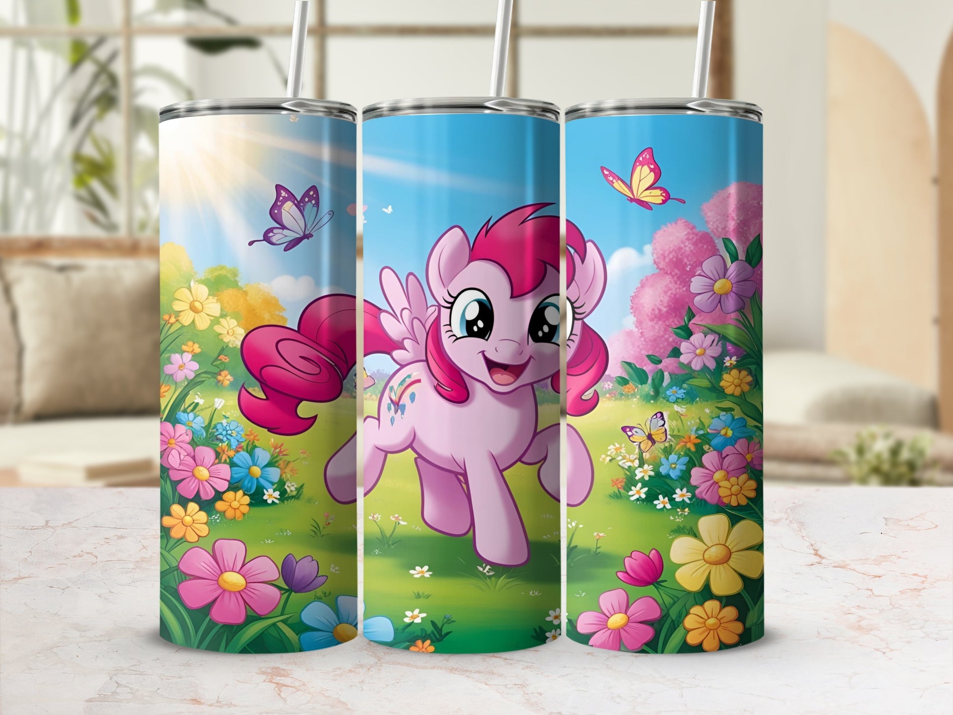 Pinkie Pie running in a colorful meadow with flowers and butterflies.