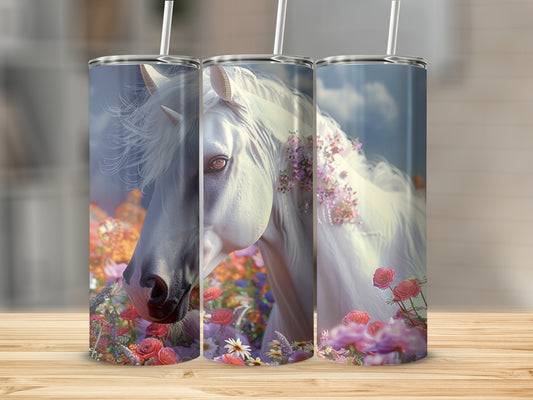 White horse with floral accents on a tumbler.