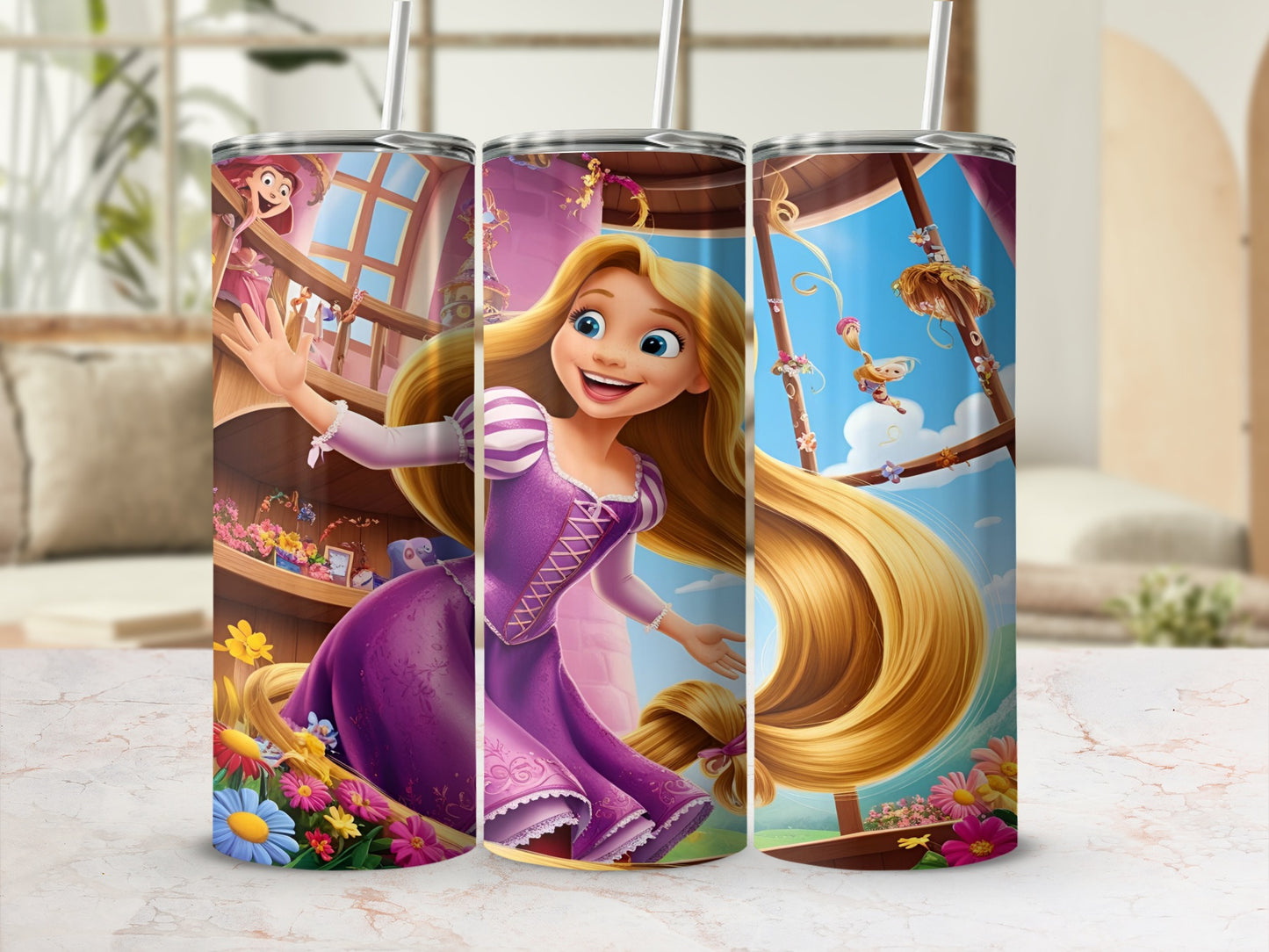 Rapunzel from Tangled with long blonde hair, wearing a purple dress, on a tumbler.