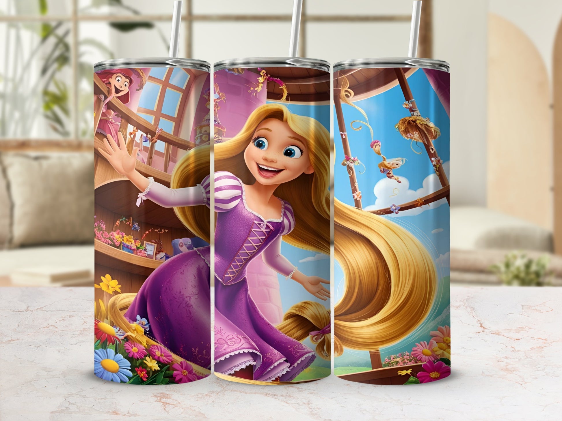 Rapunzel from Tangled with long blonde hair, wearing a purple dress, on a tumbler.