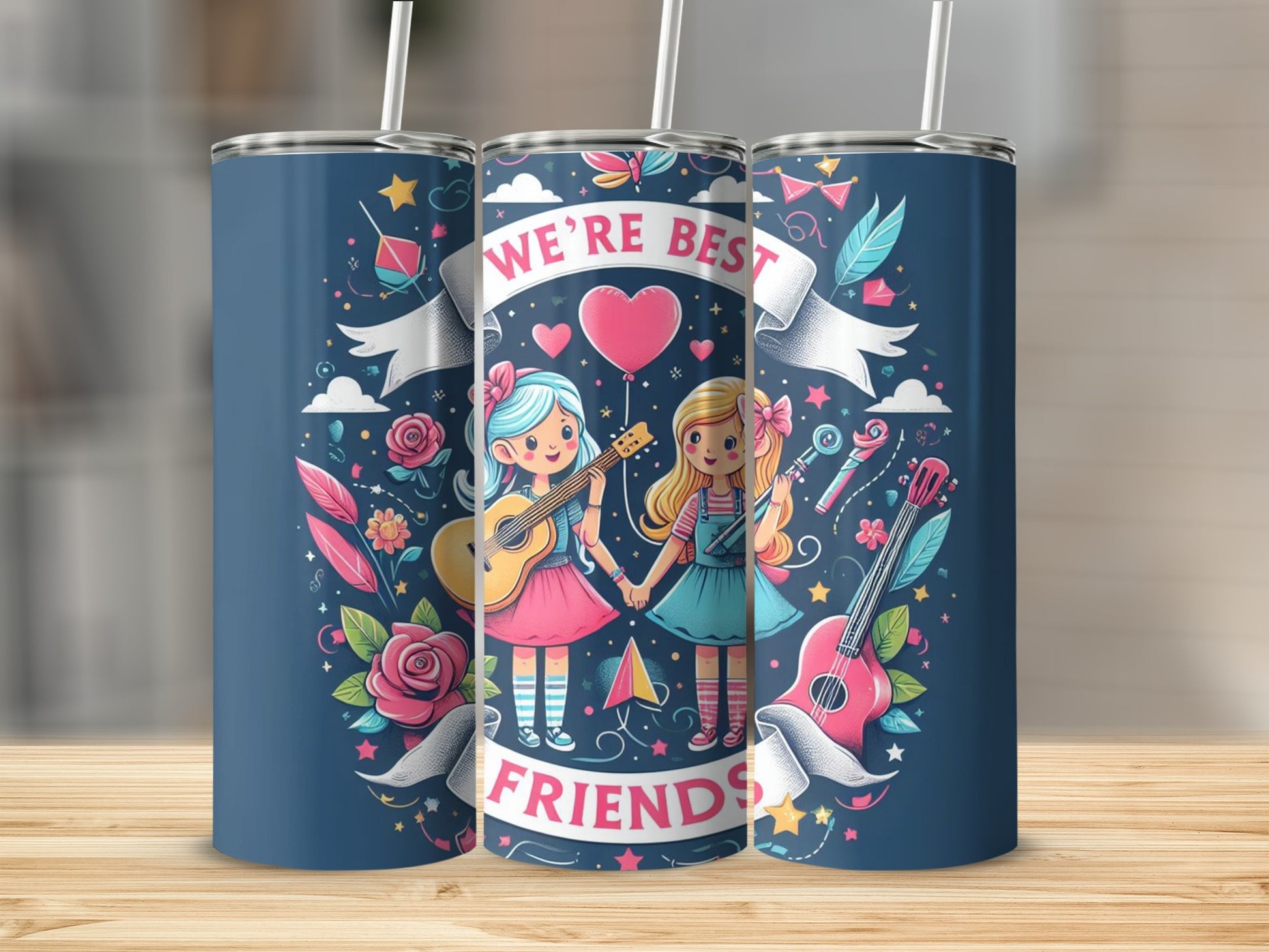 Best Friends Cute Illustrated Tumbler with Straws