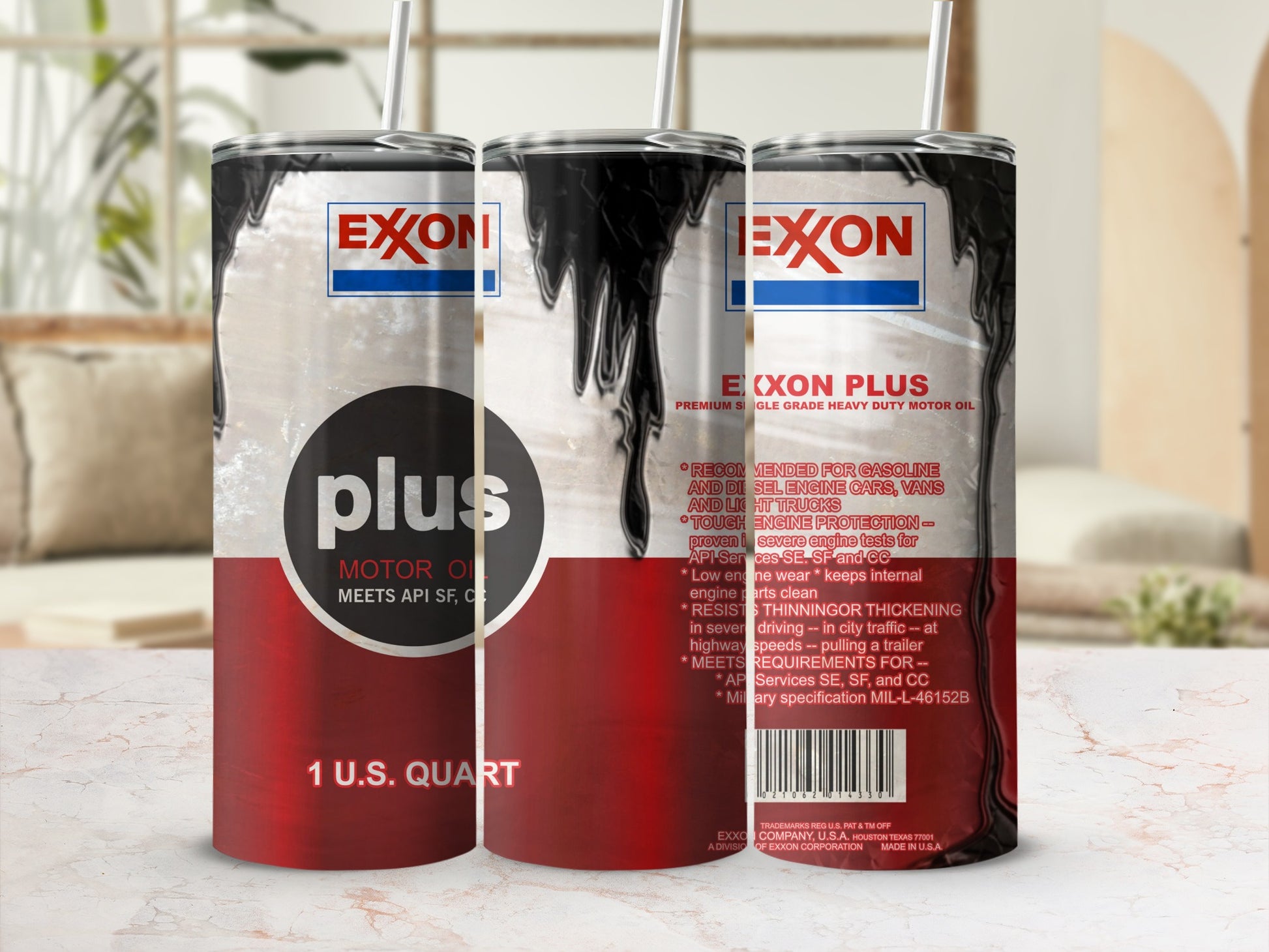 Exxon Plus premium motor oil 1 U.S. quart container with black and red branding.