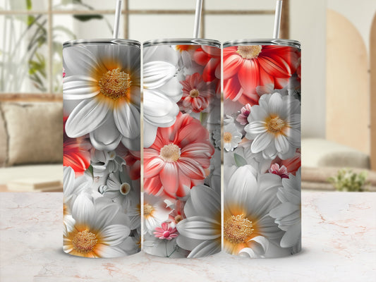 Three tumblers with detailed floral patterns featuring white and coral blooms.