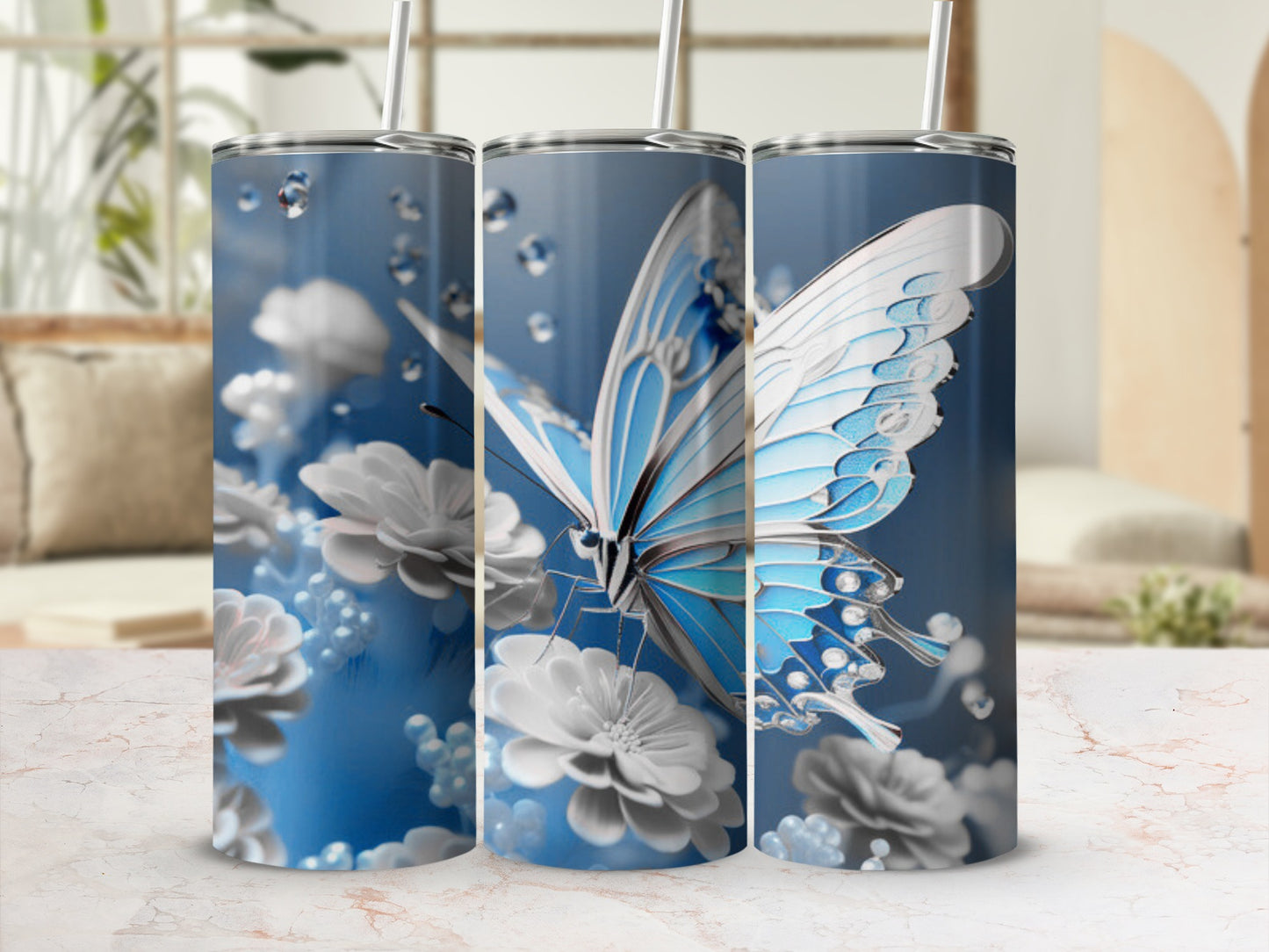 Blue butterfly on white flowers, presented on a tumbler.