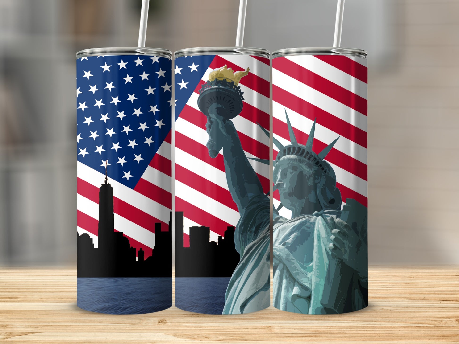Statue of Liberty and New York skyline against American flag backdrop.