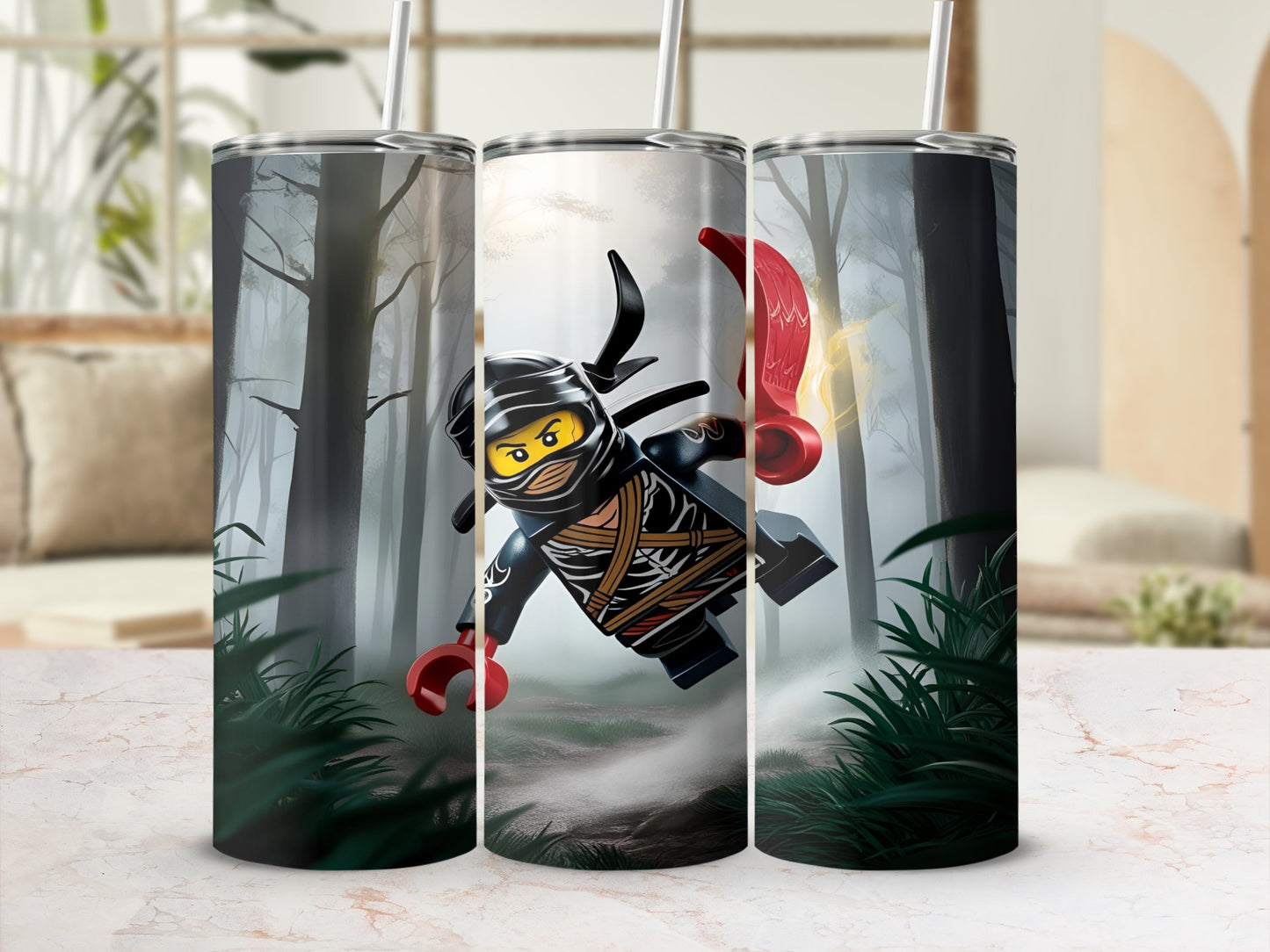 Ninja character in action pose on a tumbler, with foggy forest background.