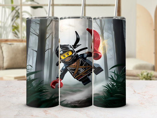 Ninja character in action pose on a tumbler, with foggy forest background.