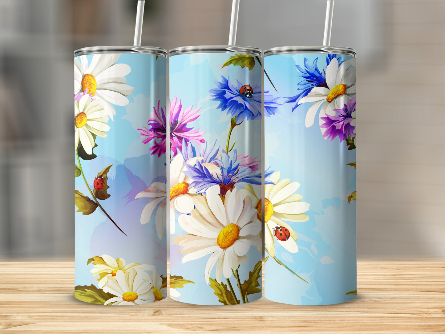 Floral Ladybug Pattern Insulated Tumbler Cups Set