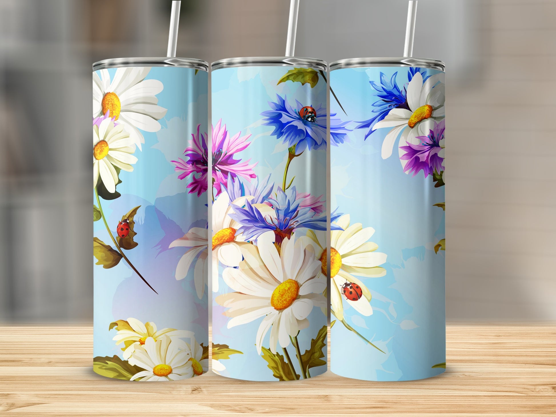Floral Ladybug Pattern Insulated Tumbler Cups Set