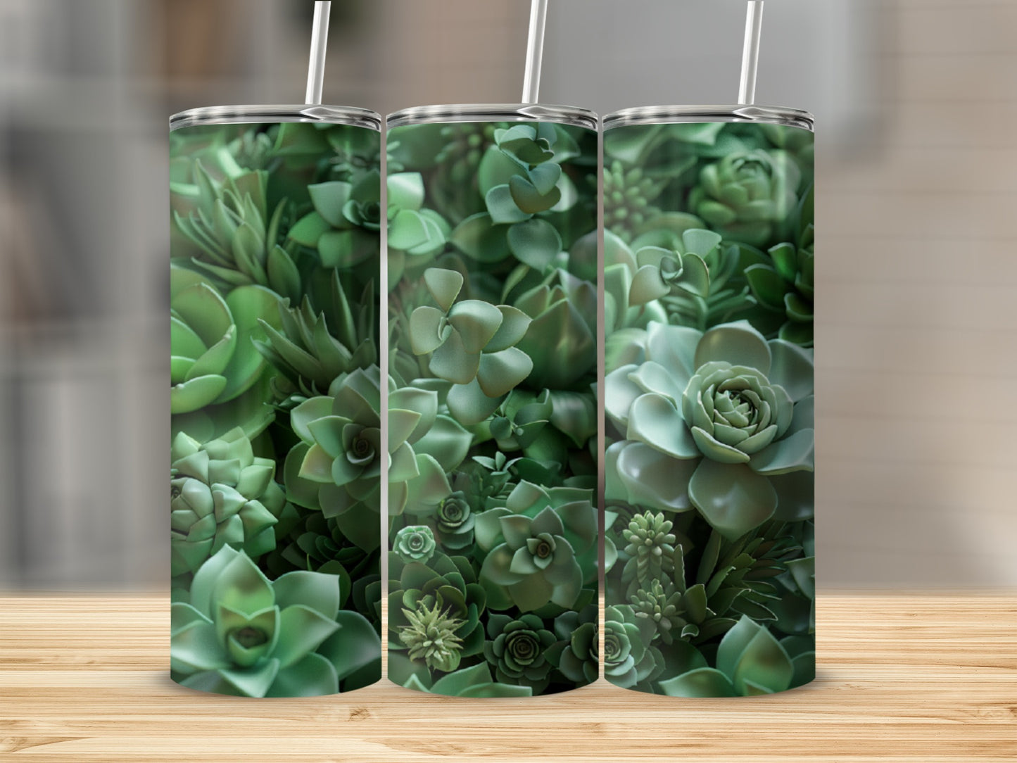 Three tumblers with a close-up succulent plant design.