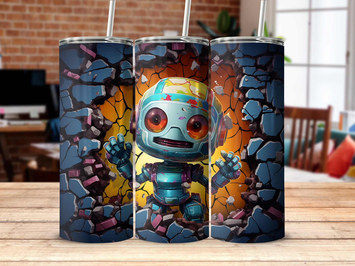 Cute Robot Design Tumbler with Colorful Background