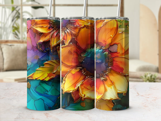 Three tumblers with colorful floral abstract art design.