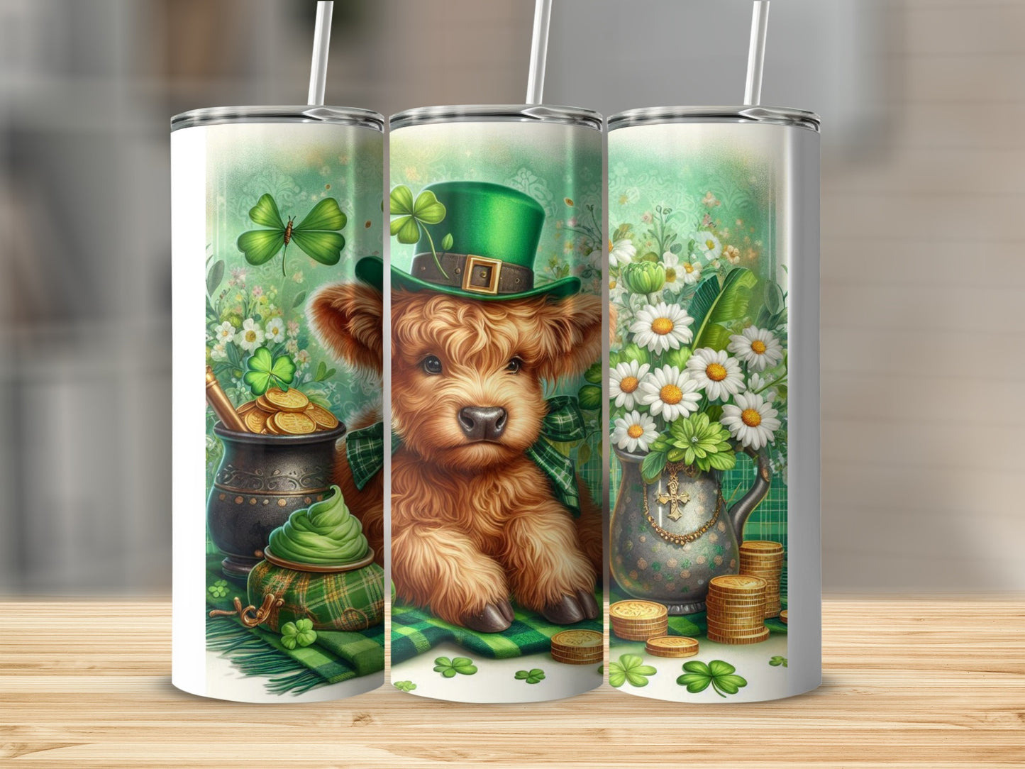 Highland cow with St. Patrick's Day hat and shamrocks.