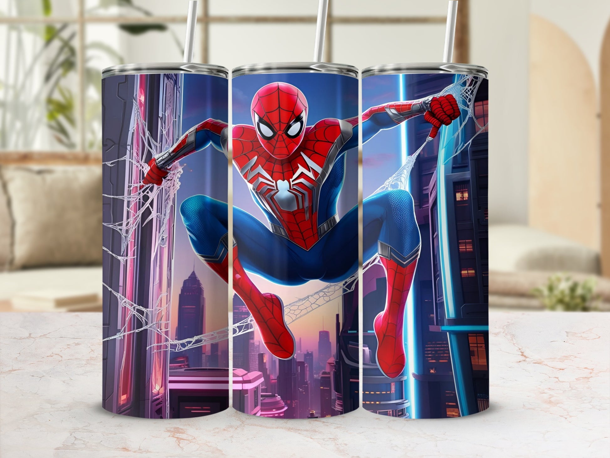 Spiderman in action, swinging through a city, on a tall tumbler.
