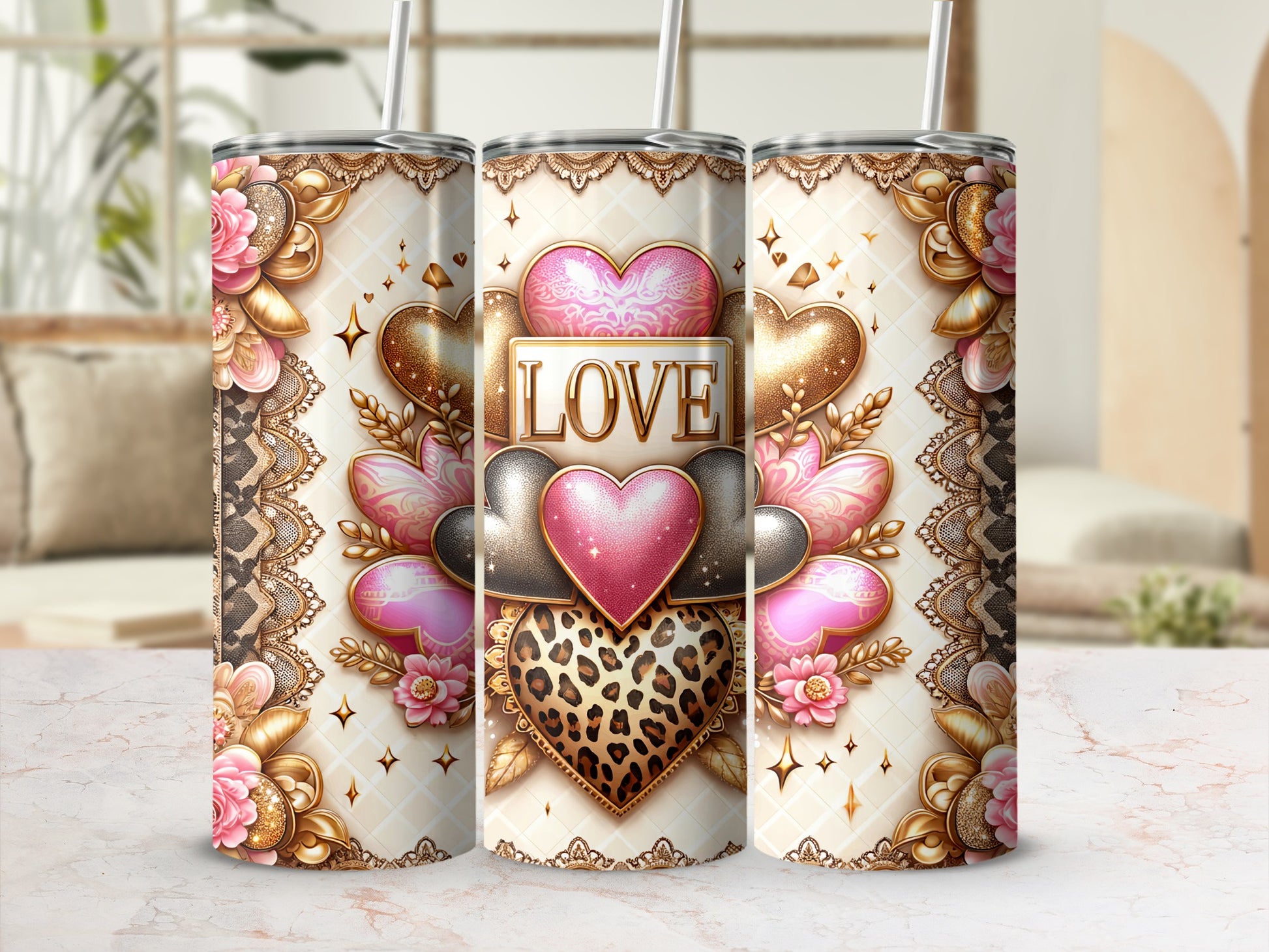 Ornate Gold Pink Hearts Leopard Print Love Tumbler product type