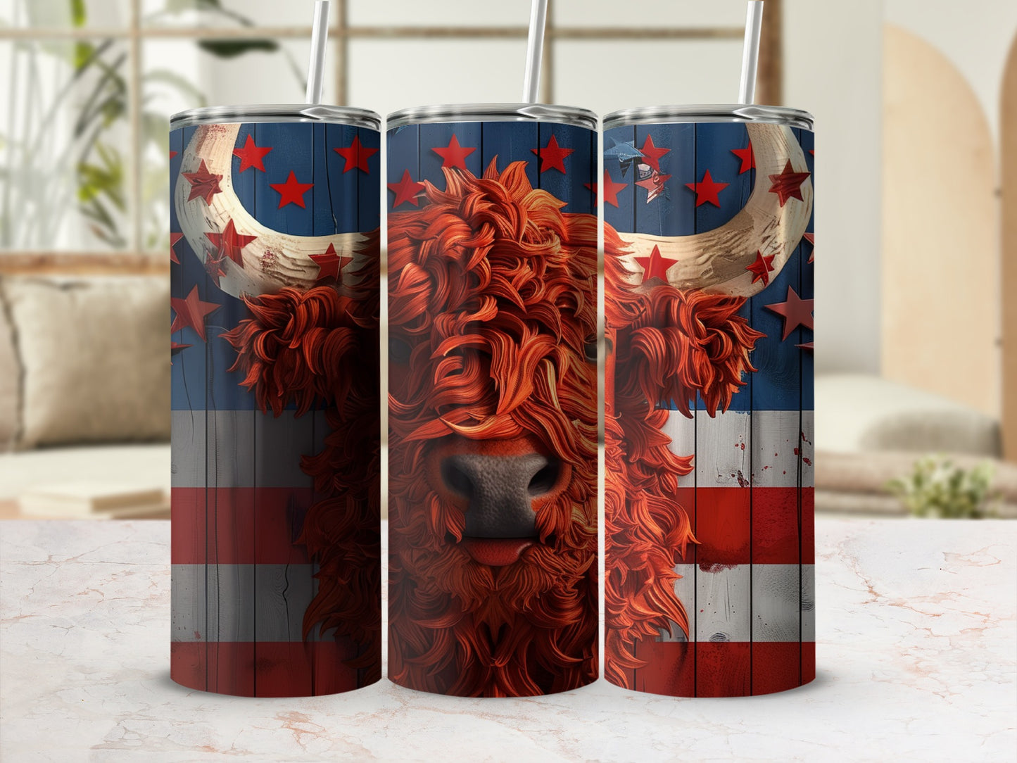 Highland cow with American flag pattern and stars, on three tumblers.