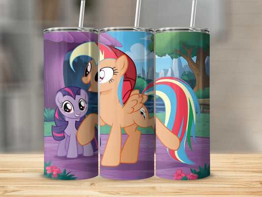 Three My Little Pony tumblers with colorful character designs and straws.