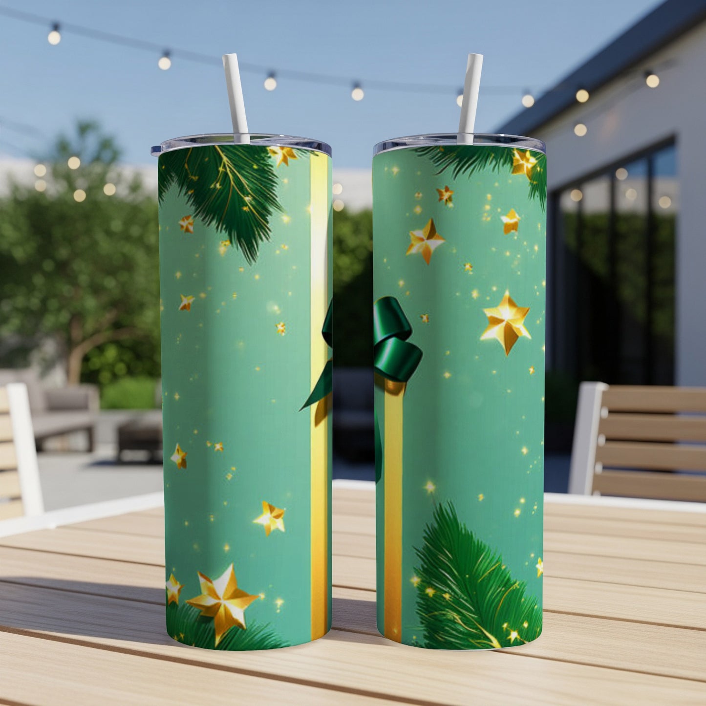 Two green tumblers with gold ribbon, pine needles, and stars.