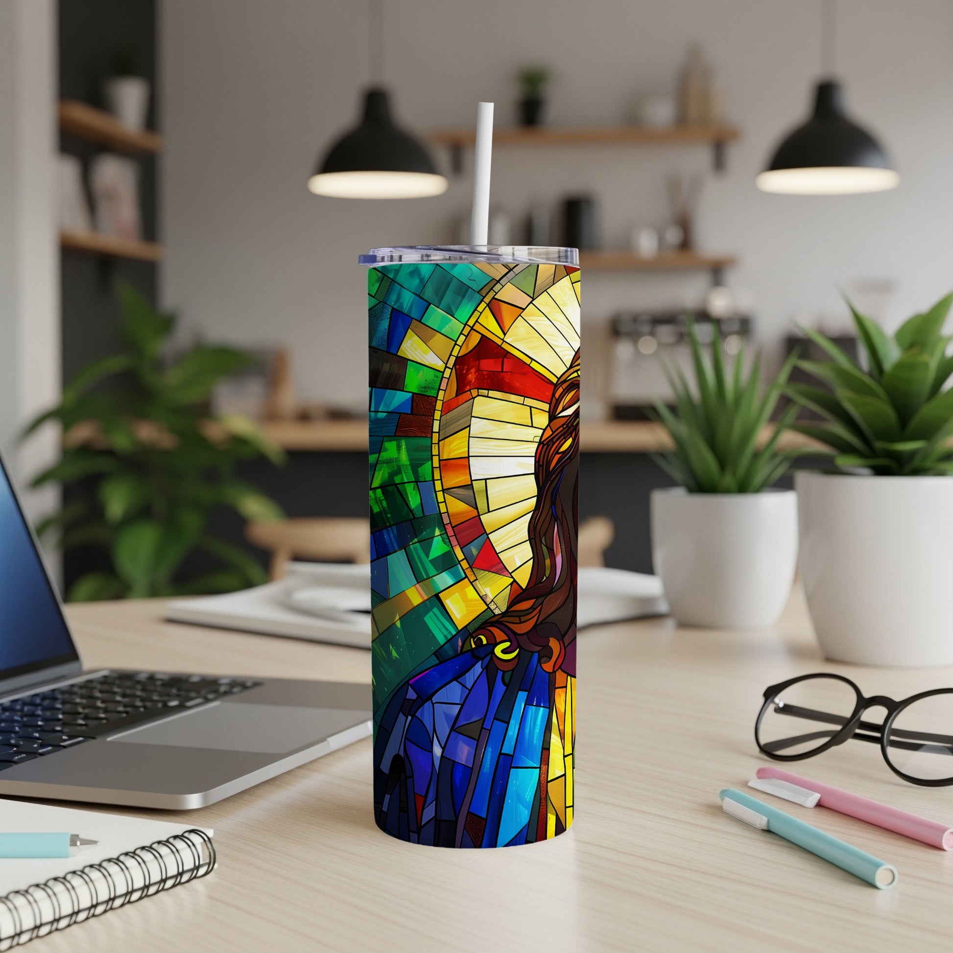 Stained glass tumbler featuring Jesus Christ's face and colorful sun rays.