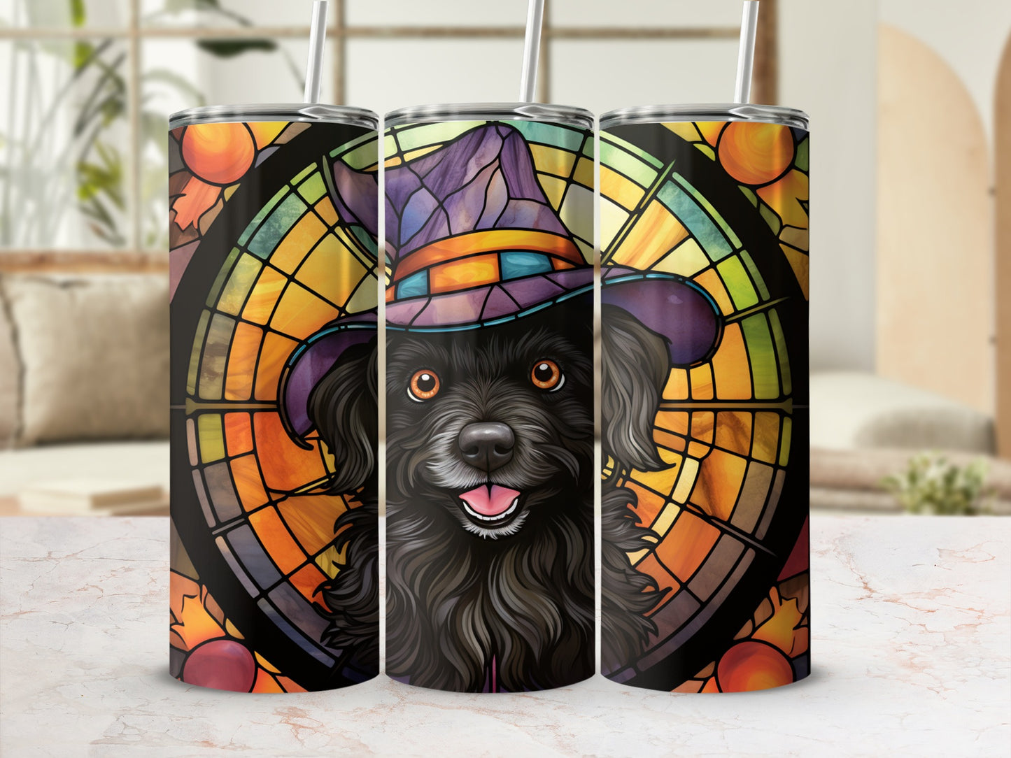 Black dog wearing a witch hat with stained glass autumn leaves background.