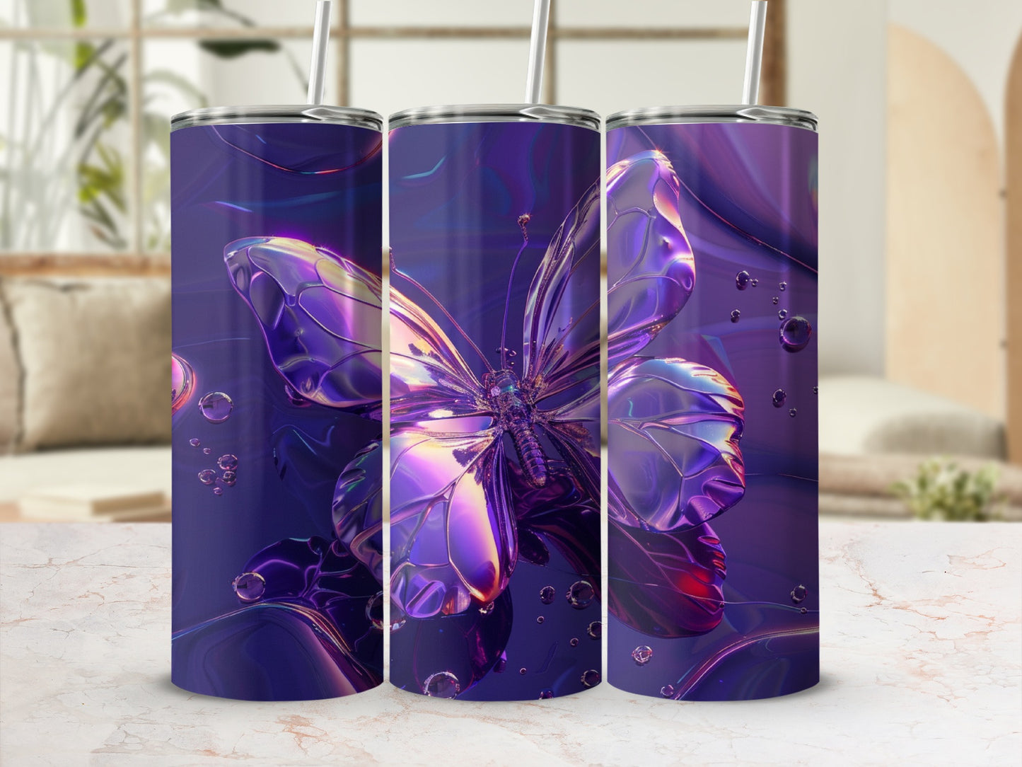 Triptych of purple iridescent butterfly tumblers with metallic accents.