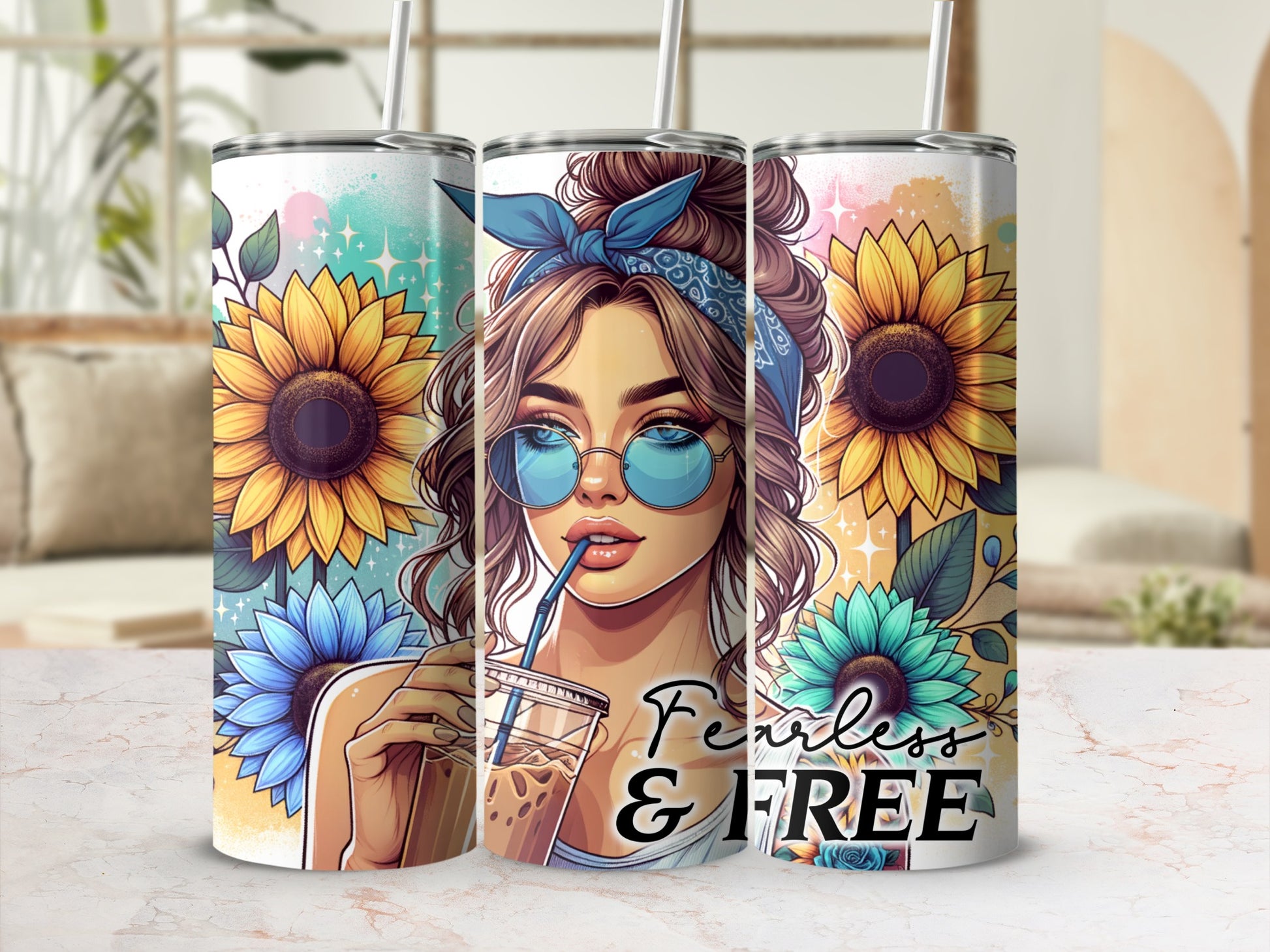 Tumbler with sunflowers and "Fearless & Free" text.